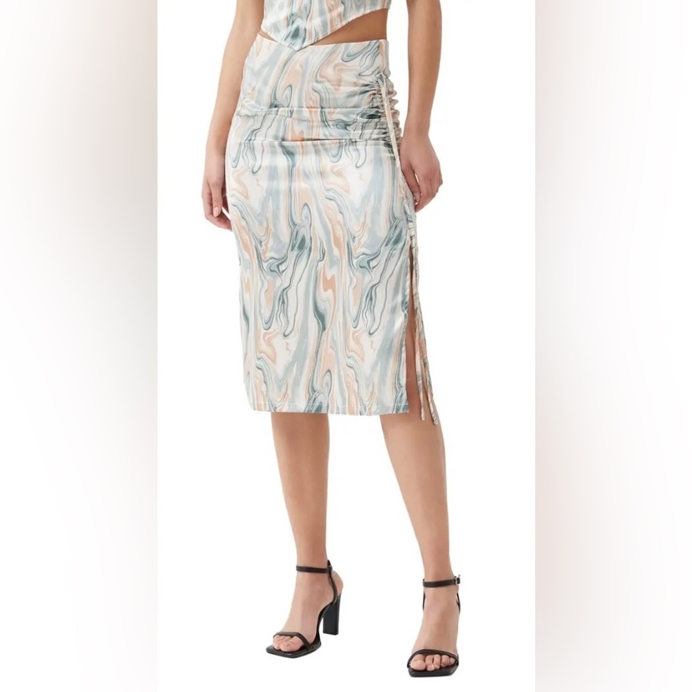 Jenson Blue Multi Marbled Print Satin Ruched Midi Skirt